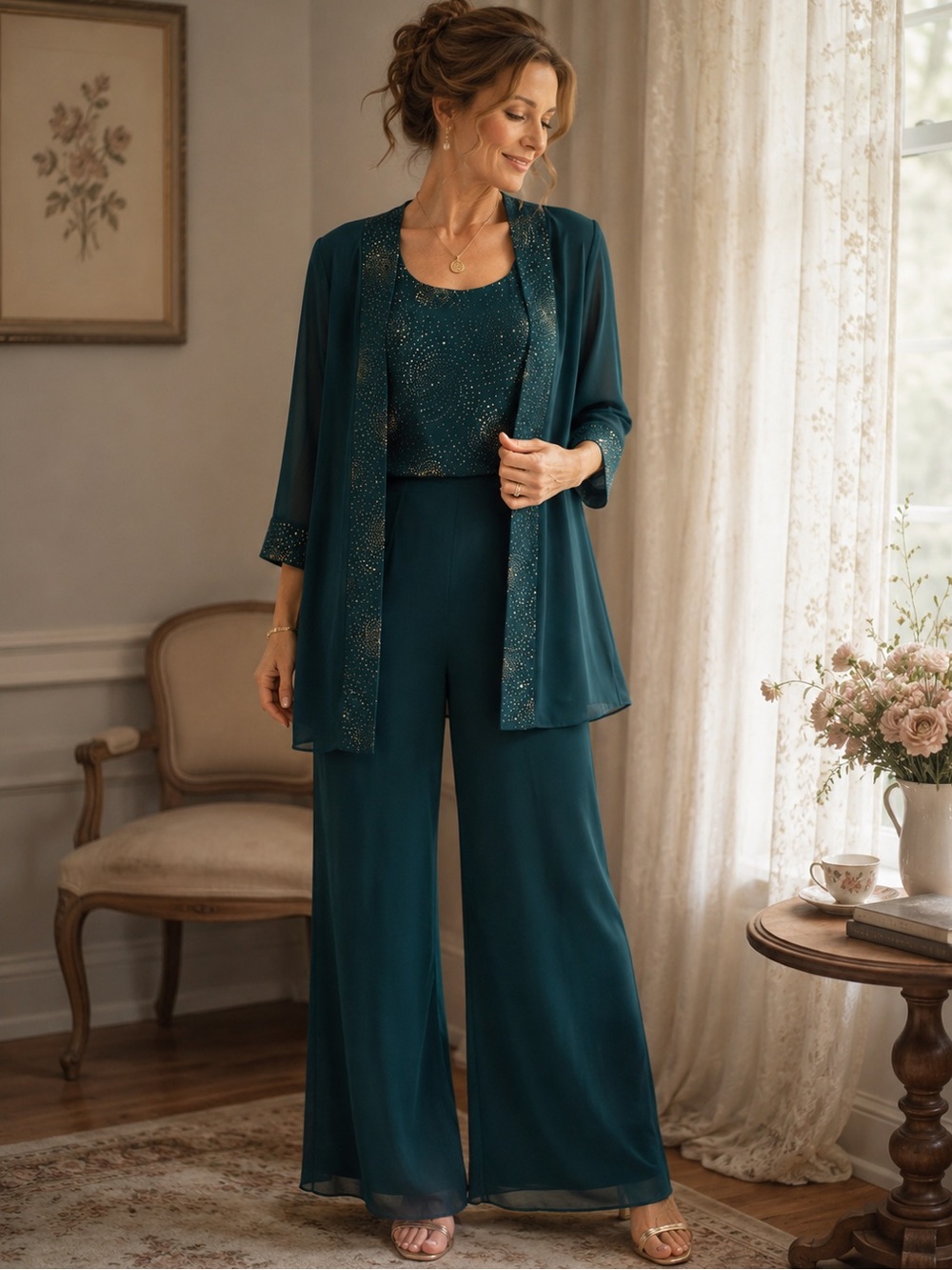 Draper's & Damon's 3 Pc Pants Suit Set Size 8 Emerald Green Glitter Evening Gala